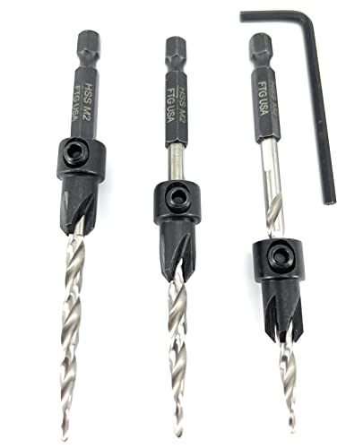 FTG USA #10 (3/16") Wood Countersink Drill Bit 3-Pc Set with Hex Key - size: #10, style: 3 Pc w/o Depth Stop