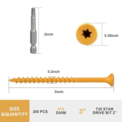 Deck Screws 3 Inch, Wood Screws #10×3", 200 Pcs, Tan - size: #10×3"