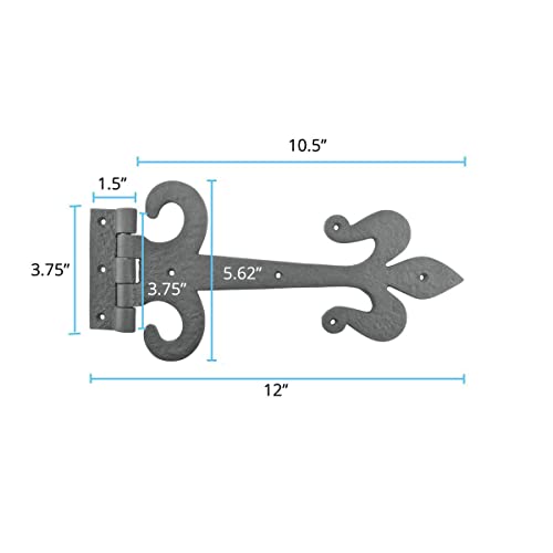 Renovators Supply Manufacturing Strap Hinge 12 in. Black Wrought Iron Fleur De Lis Style Flush Mount Heavy Duty Strap Gate and Door Hinges with Hardware Pack of 4 - size: Pack of 4