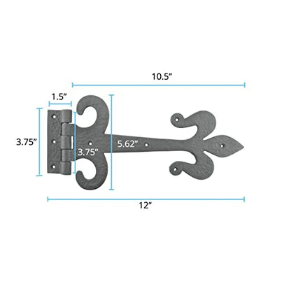 Renovators Supply Manufacturing Strap Hinge 12 in. Black Wrought Iron Fleur De Lis Style Flush Mount Heavy Duty Strap Gate and Door Hinges with Hardware Pack of 4 - size: Pack of 4