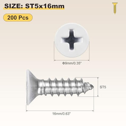 METALLIXITY 200Pcs(ST5x16mm) Countersunk Phillips Wood Screws SS304 - color: White Head, size: ST5x16mm