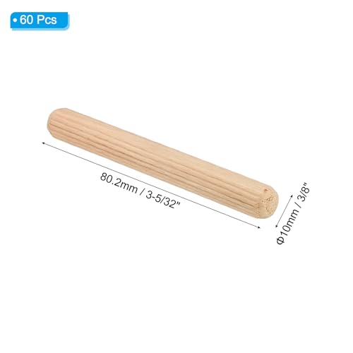 PATIKIL 3/8" x 3-5/32"(10 x 80mm) Wood Dowel Pins, 60 Pack Fluted Wooden Dowel Pin Straight Groove Rods for Furniture Door Art Crafts Projects - size: 3/8" x 3-5/32"