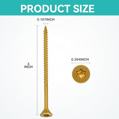Wood Screws Yellow #10 × 3 inch Torx Star Drive Deck Screws Flat Head M5 × 75 Countersunk T25 Self Tapping Thread Cut 50pcs Carbon Steel Galvanized (50PCS/Small Box Yellow) - color: Yellow, size: #10×3