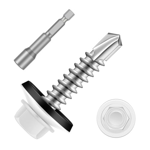 #10 x 1 Zinc Plated Steel Self Drilling Roofing Screws, Hex Head Self Tapping Screws with EPDM Washer, White Head, 100 PCS - color: White, size: #10 x 1"