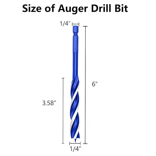 1/4 Inch Auger Drill Bit for Wood, 2 Pcs 6" Long Carbon Steel Quick Change Hex Shank Wood Drill Bit for Hardwood, Softwood and Plastic (Blue) - size: 1/4" x 6"