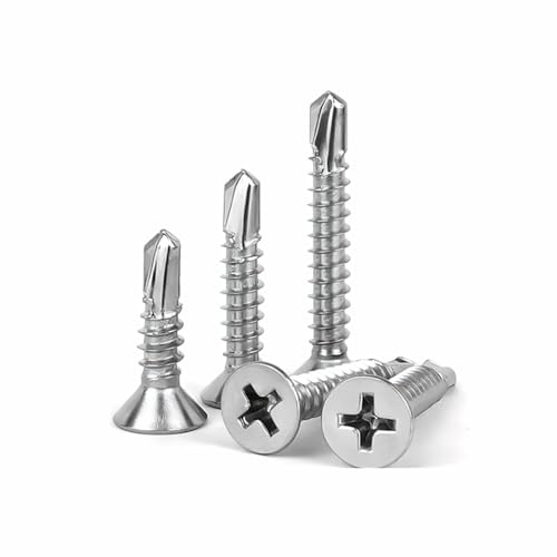 #6 x 1 (100 Pack) Flat Head Phillips Drive Sheet Metal Screws, Stainless Steel 410 Self Drilling Screws,Countersun Head Fast Self-Tapping Screws for Metal, Plastic, Wood