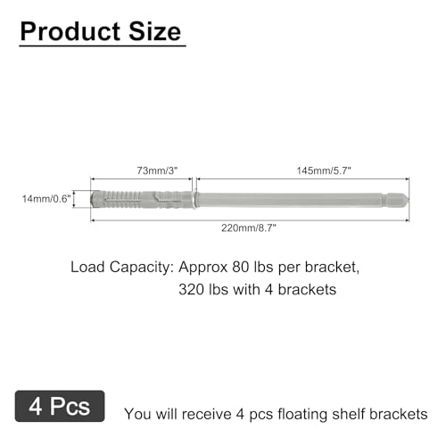 uxcell 4 Pcs Floating Shelf Brackets, Metal Hidden Shelf Support Brackets 0.4" x 5.7" Invisible Shelf Brackets with Screws for Floating Wood Shelves (Silver Tone) - size: 0.4" Dia x 5.7" Length