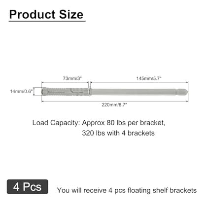 uxcell 4 Pcs Floating Shelf Brackets, Metal Hidden Shelf Support Brackets 0.4" x 5.7" Invisible Shelf Brackets with Screws for Floating Wood Shelves (Silver Tone) - size: 0.4" Dia x 5.7" Length