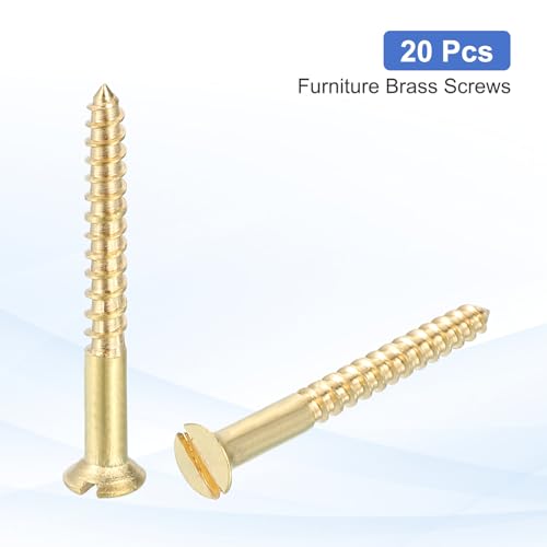 MECCANIXITY 20 Pcs Brass Screws, M2 x 20mm Solid Slotted Drive Flat Head Self-Tapping Wood Screw Fasteners for Woodworking Furniture Repair Photo Frame Drywall Home Appliances, Gold - size: M2 x 20mm