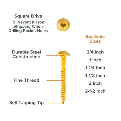 Bora Pocket Hole Screws 1-1/4 in Fine Thread 500 Pack - size: 1-1/4 inch (500 Piece), style: Fine Thread