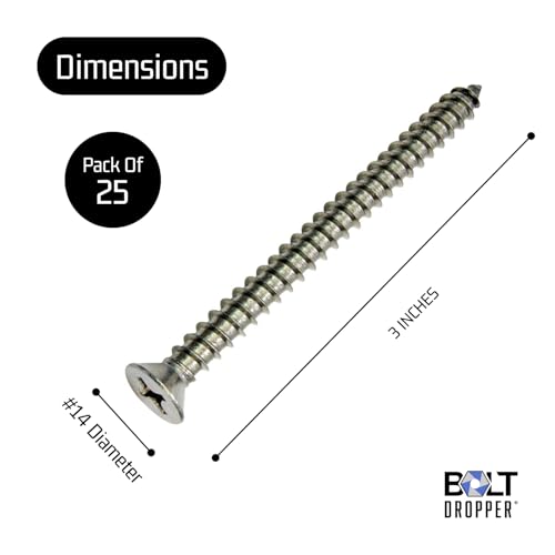 Bolt Dropper #14 X 3'' Stainless Steel Flat Head Phillips Wood Screw, (25 pc), 18-8 (304) Stainless Steel Sheet Metal Screws - Type A Point, Plain Finish - size: #14 X 3''