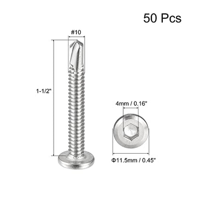 uxcell Hex Socket Self Tapping Screws, #10 x 1-1/2" 410 Stainless Steel Sheet Metal Flat Head Drilling Screw 50pcs, Silver - color: Silver, size: #10 x 1-1/2"
