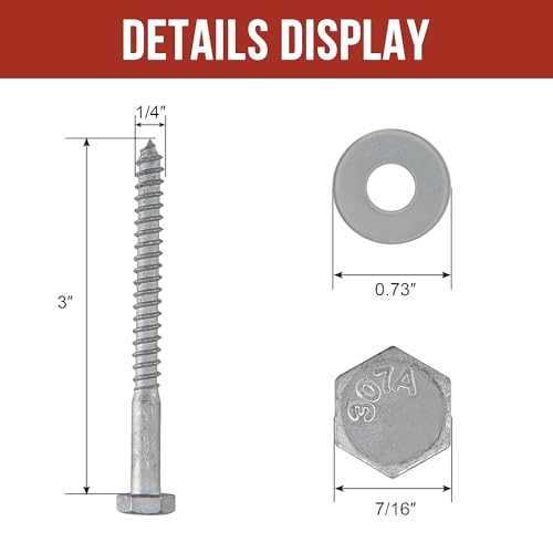 1/4" x 3" Lag Bolts (100 Pcs) Lag Screws for Wood, Hot Dip Galvanized, Hex Head with Washers - size: 1/4" x 3" (100 PCS)