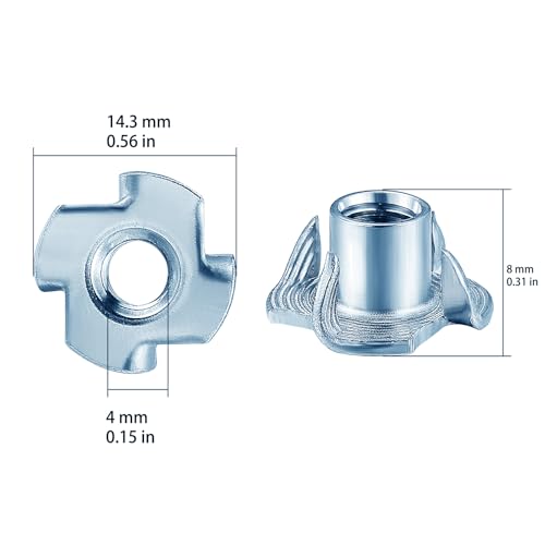 T-Nuts M4x8 (100 pcs), zinc Plated Steel, for Wood, Climbing Holds and cabinets - color: Zinc, size: M4