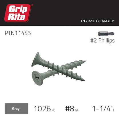 Grip-Rite PTN114S5 PG10 Polymer Coated #6 x 1-1/4" Coarse Thread Deck Screw, Gray, 5lb Box