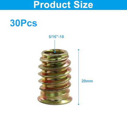 30 Pcs 5/16"-18 x 20mm Threaded Inserts for Wood - size: 5/16"-18 x 20mm