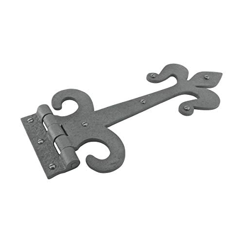 Renovators Supply Manufacturing Gate Hinges 12 in. Black Wrought Iron Fleur De Lis Style Strap Hinges for Gates and Doors with Mounting Hardware - size: Pack of 1