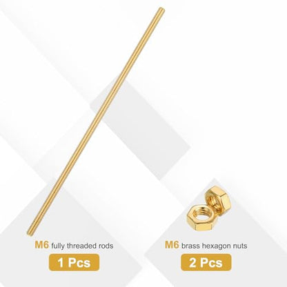uxcell Brass Fully Threaded Rod, M6x1mm Pitch Right Hand Threads Studs with Solid Brass Hex Nuts, 200mm/8 Long Threaded Screw Rods Fasteners for Anchors Bolts Hangers Clamps - size: M6x1mmmm200mm