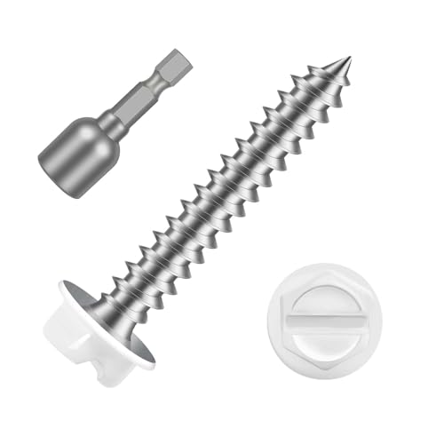 #8 x 1 White Painted Hex Washer Head Self Tapping Screws, Self Piercing Gutter Screws, Socket Bit Included, 100 PCS - color: White, size: #8 x 1"