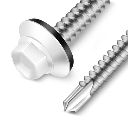 #10 x 1-1/2" Zinc Plated Steel Self Drilling Roofing Screws, Hex Head Self Tapping Screws with EPDM Washer, White Head, 100 PCS - color: White, size: #10 x 1-1/2"