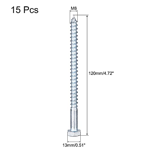 uxcell Hex Lag Screws, M8 x 120mm Carbon Steel Zinc Plated Half Thread Self-Tapping Bolts for Wood Screw 15Pcs - size: M8 x 120mm