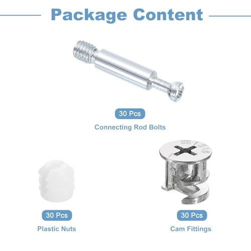 uxcell 30Set 15x14mm Furniture Cam Lock Fitting with 5.8x35mm Dowel Fasteners, 3-in-1 Metal Furniture Board Connecting Screws Bolts Assortment Kit for Cabinets Chairs Drawer - size: 5.8 x 35mm