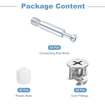 uxcell 30Set 15x14mm Furniture Cam Lock Fitting with 5.8x35mm Dowel Fasteners, 3-in-1 Metal Furniture Board Connecting Screws Bolts Assortment Kit for Cabinets Chairs Drawer - size: 5.8 x 35mm