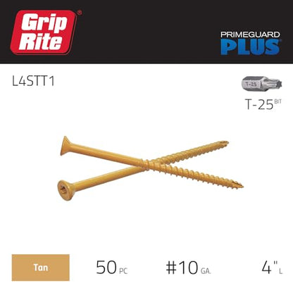 Grip-Rite PrimeGuard Plus Premium Deck Screws for Outdoor Projects - Bugle Head - T-25 Star Drive - Coarse Thread Wood Screws - 10 x 4-1 Lb Box - Tan - L4STT1 - color: Tan