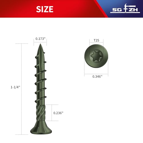 #8 x 1-1/4" Deck Screws (175Pcs) 1lb. Carbon Steel, Green, Flat Head, Rust Resistant epoxy Coated, with T25 Star Bit - color: Green, size: #8 x 1-1/4"