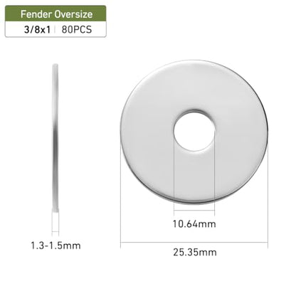 80PCS 3/8" x1" Fender Washers, 304 Stainless Steel 18-8, 3/8" ID x 1" OD Hardware Flat Washers for Screws Bolts - color: Silver, size: Fender 3/8x1"