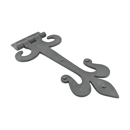 Renovators Supply Manufacturing Gate Hinges 12 in. Black Wrought Iron Fleur De Lis Style Strap Hinges for Gates and Doors with Mounting Hardware - size: Pack of 1