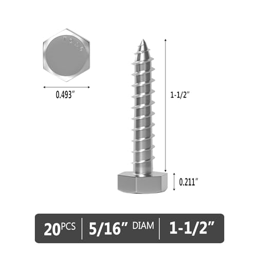 VGBUY 5/16" x 1-1/2" Hex Head Lag Screws 20Pcs, 304 Stainless Steel 18-8 Lag Bolts Wood Screws Heavy Duty Large Screws for TV Mounts, Deck, Boat Repair - size: 5/16x1-1/2 (20pcs)