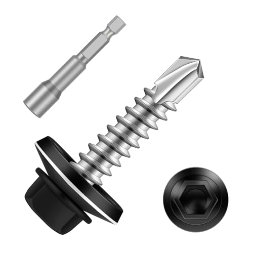 #10 x 1 Zinc Plated Steel Self Drilling Roofing Screws, Hex Head Self Tapping Screws with EPDM Washer, Black Head, 100 PCS - color: Black, size: #10 x 1"