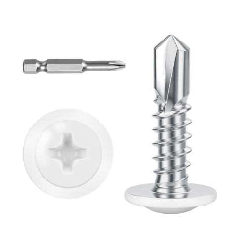 #10 x 5/8" (100 PCS) White Head Fast Self Tapping Sheet Metal Screws, Modified Truss Head Self Drilling Screw, Full Thread, Screwdriver Bit Included - color: White, size: #10 x 5/8"