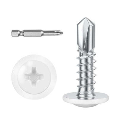 #10 x 5/8" (100 PCS) White Head Fast Self Tapping Sheet Metal Screws, Modified Truss Head Self Drilling Screw, Full Thread, Screwdriver Bit Included - color: White, size: #10 x 5/8"