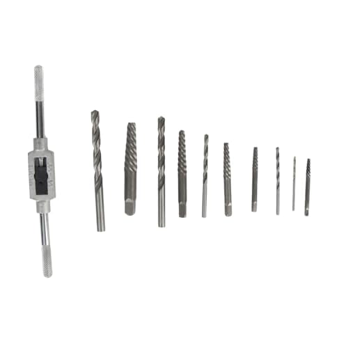 11pcs Broken Screw Extractor Set, Drill Bits and Left Handed Spiral Flute Tools for Removing Damaged Rusted Stripped Screws Bolts Fasteners, with Tap Handle for Easy Use