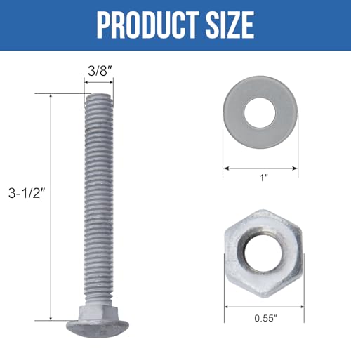 3/8" x 3-1/2" Carriage Bolts (50 PCS), Hot Dip Galvanized, Heavy Duty Round Head with Washers and Nuts - size: 3/8" x 3-1/2"