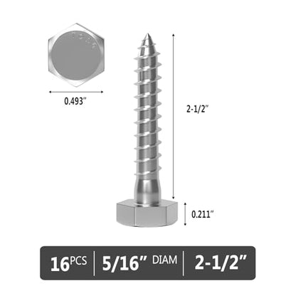 VGBUY 5/16" x 2-1/2" Hex Head Lag Screws 16Pcs, 304 Stainless Steel 18-8 Lag Bolts Wood Screws Heavy Duty Large Screws for TV Mounts, Deck, Boat Repair - size: 5/16x2-1/2 (16pcs)