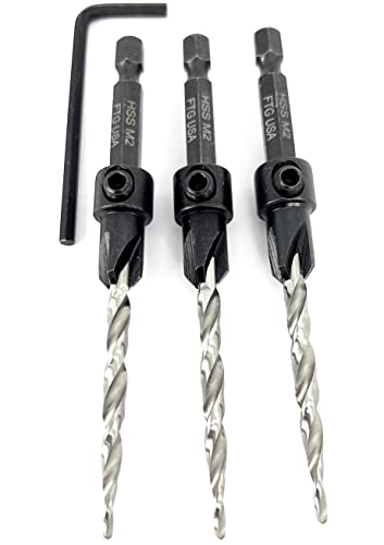 FTG USA #10 (3/16") Wood Countersink Drill Bit 3-Pc Set with Hex Key - size: #10, style: 3 Pc w/o Depth Stop