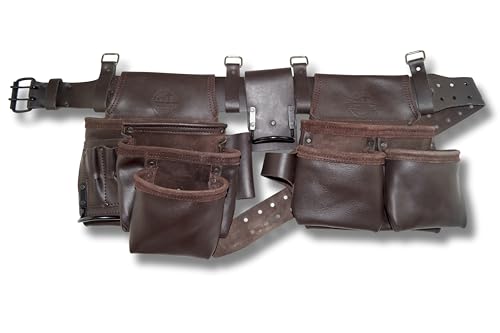 Graintex 13 Pocket Framers Tool Belt, 4 Pc Combo Industrial Grade Leather Tool Pouch, 2” Leather Belt & Hammer Holder, Bags for Drywall Tools, Electricians, Plumbers - color: Brown Oil Tanned