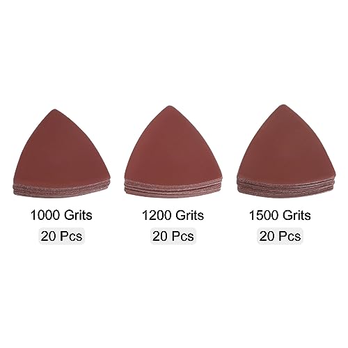 HARFINGTON 60pcs Triangular Hook & Loop Sandpapers 1000/1200/1500 Grits 3-1/8" Aluminum Oxide Sanding Pads Mouse Detail Sander Papers Multitool Sheets Set (20pcs of Each Grits) - size: 1000/1200/1500 Grits