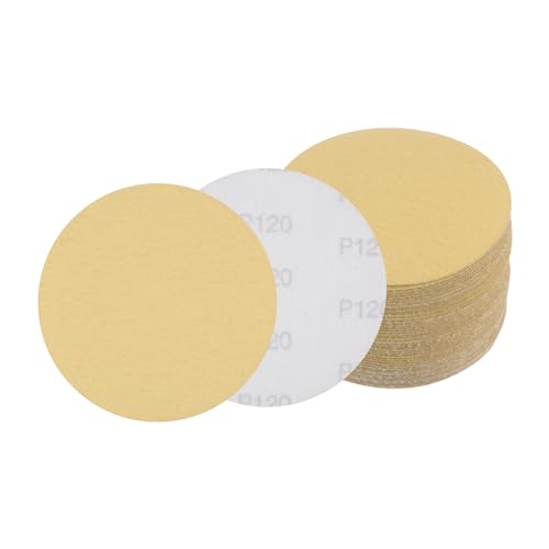 50pcs No Hole Sanding Discs- [ 5 Inch 120 Grit ] Round Hook and Loop Grip Sanding Pads Sheet Sandpaper for Automotive Woodworking Metal Polishing Use| Gold, Aluminum Oxide - size: 120 grit