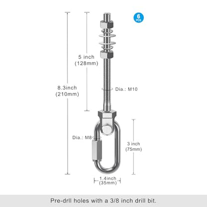Dolibest Heavy Duty Swing Hanger, 304 Stainless Steel Swing Bolts w/Quick-Connect Carabiner, Swing Hook w/Dual-Screw Locking for Hammock, Yoga Swing, Porch Swing for Wood/Metal Beam-(M10X5'')-1500LB - color: M10X5''-6PCS