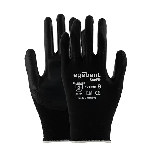 SanFit 121330 PU Coated Safety Work Gloves – Black Nylon Liner, Protective Gloves for Industrial (Sizes 6–11) - size: 9