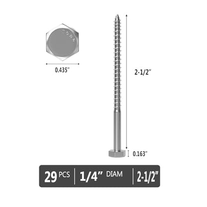 VGBUY 1/4" x 2-1/2" Hex Head Lag Screws 29Pcs, 304 Stainless Steel 18-8 Lag Bolts Wood Screws Heavy Duty Large Screws for TV Mounts, Deck, Boat Repair - size: 1/4x2-1/2 (29pcs)