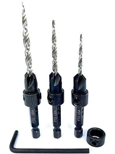 FTG USA 3 Pc Wood Countersink Drill Bit Set #4#6#8 with 3/8" Depth Stop - size: #4#6#8, style: with Depth Stop
