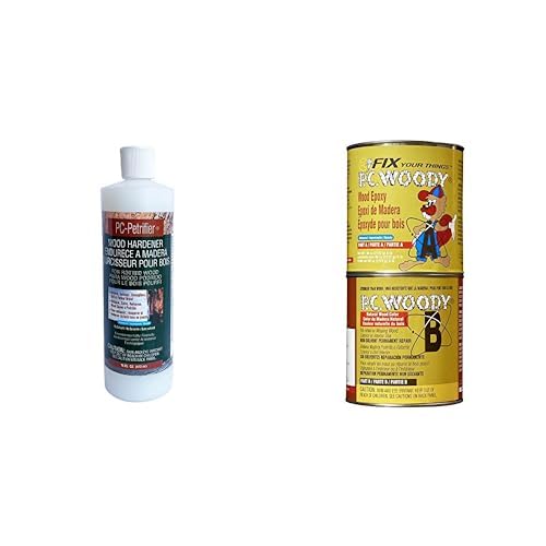 PC Products Wood Repair Bundle, PC-Petrifier Water-Based Wood Hardener, 16 oz, Milky White and PC-Woody Wood Repair Epoxy Paste, Two-Part 96 oz, Tan