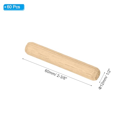 PATIKIL 1/2" x 2"(12 x 50mm) Wood Dowel Pins, 60 Pack Fluted Wooden Dowel Pin Straight Groove Rods for Furniture Door Art Crafts Projects - size: 1/2" x 2"