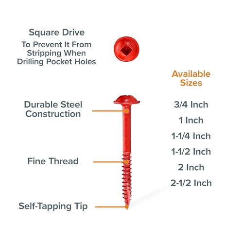 Bora Pocket Hole Screws 1-1/2 in Fine Thread 100 Piece - size: 1-1/2 inch (100 Piece), style: Fine Thread