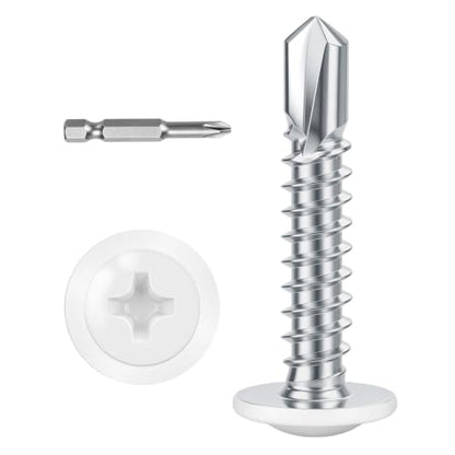#10 x 1 (100 PCS) White Head Fast Self Tapping Sheet Metal Screws, Modified Truss Head Self Drilling Screw, Full Thread, Screwdriver Bit Included - color: White, size: #10 x 1"